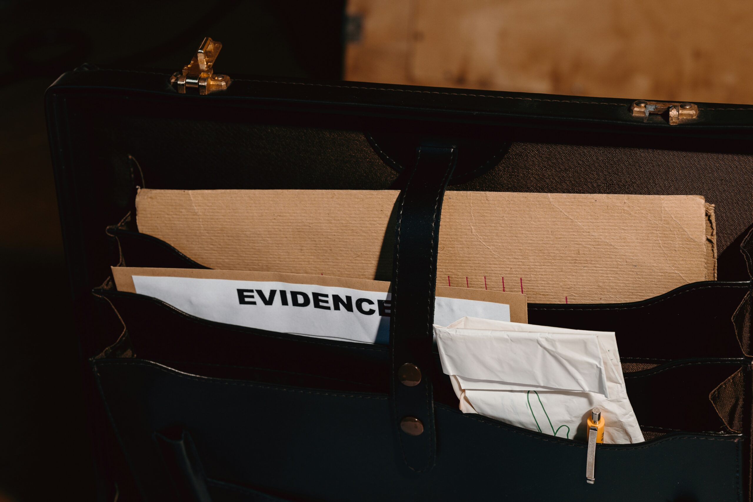 A close-up of a black leather briefcase opened to reveal organized compartments holding thick cardboard folders and documents, with one visible folder labeled “EVIDENCE,” along with folded papers and a pencil, creating a serious, investigative or legal context under warm, low lighting.